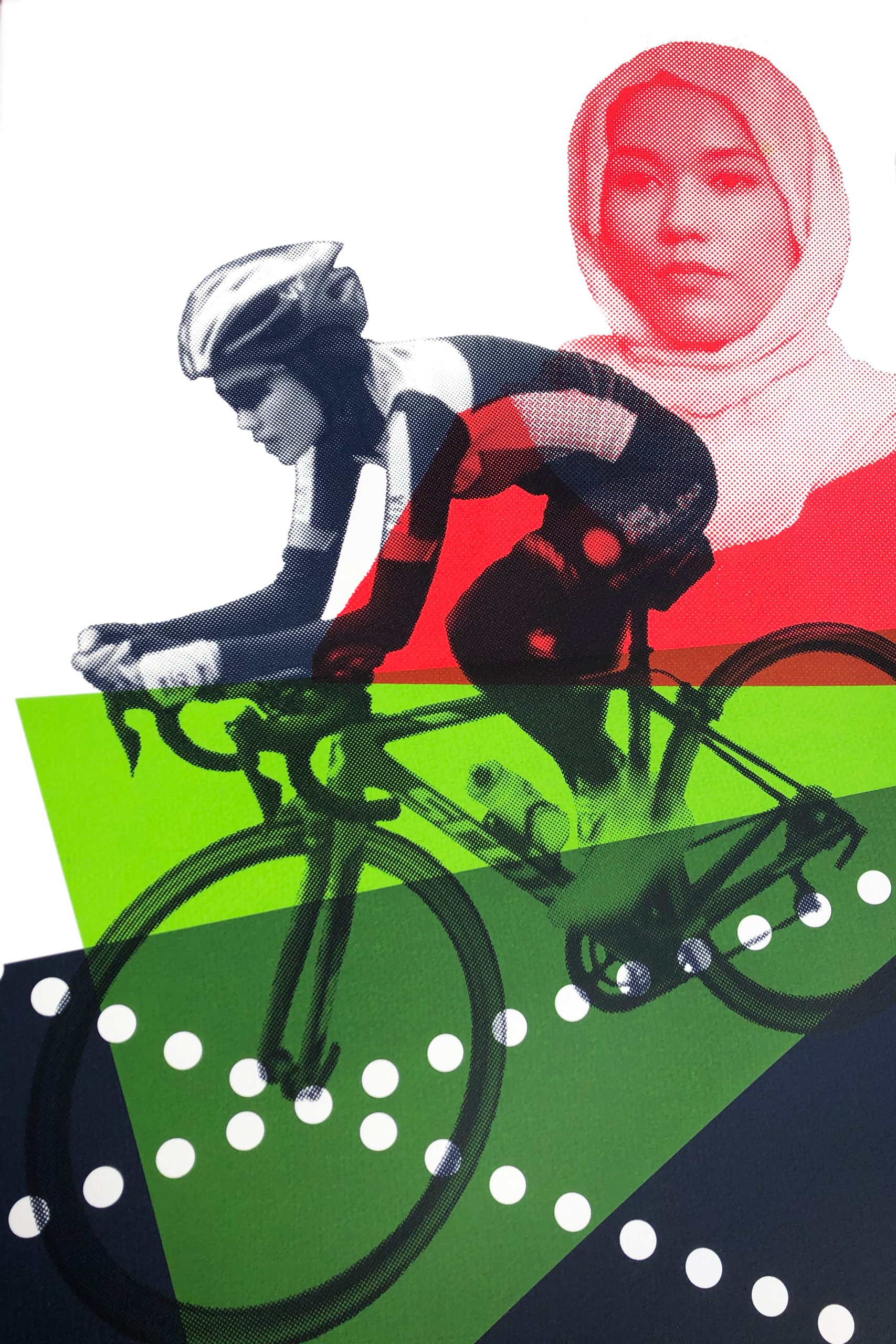 Poster image showing Masomah Alizada a female Afghan cyclist who took part in, the 2020 Olympic Games as part of the International Olympic Committee (IOC) Refugee Olympic Team