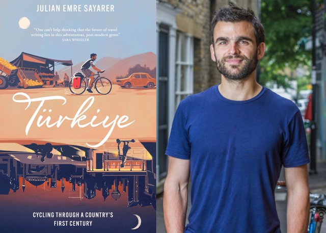 Image shows to panes, the left one is the cover of the book "Türkiye: Cycling Through a Country’s First Century", and the right one is a photo of the author Julian Sayarer who is talking about Cycling Across Turkey