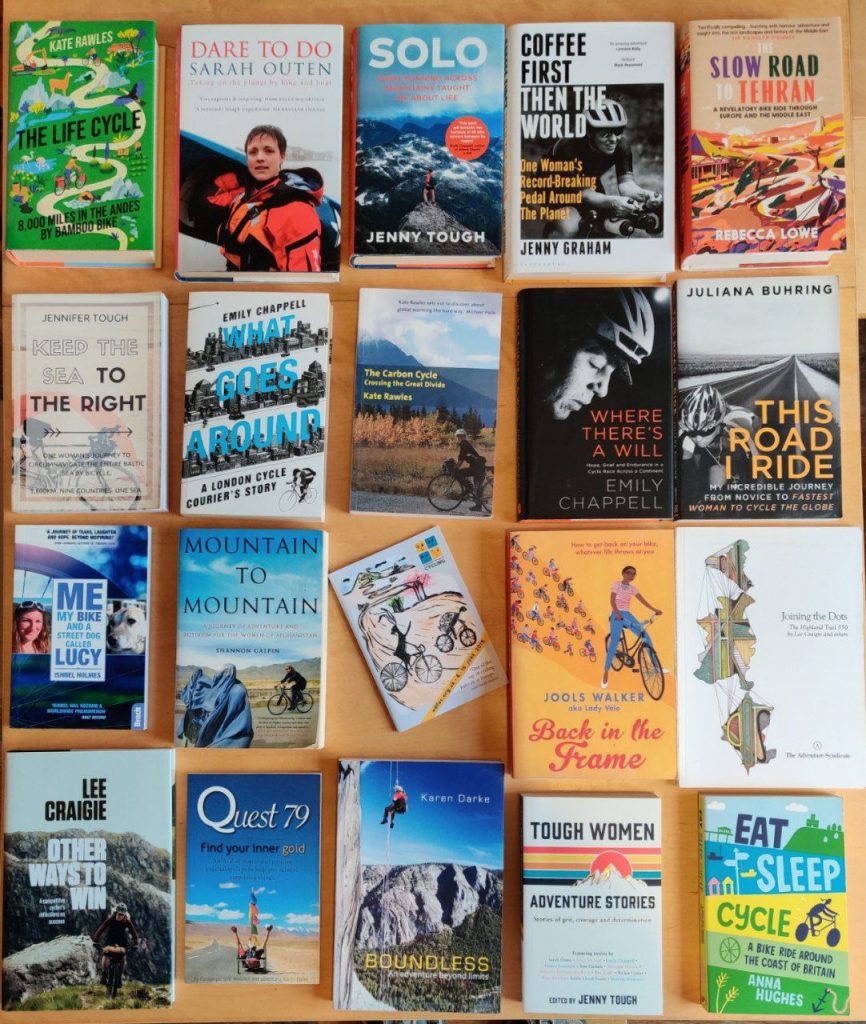 Photo of a book grid showing the covers of books written by women who have been a part of the Edinburgh Festival of Cycling