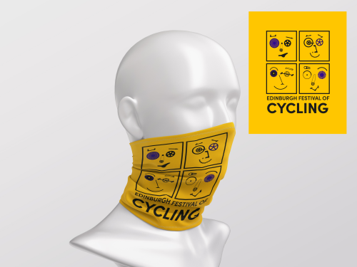 Yellow Buff/Snood with large Edinburgh Festival of Cycling logo in blue