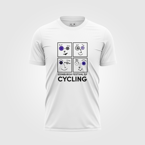 White T-shirt with Edinburgh Festival of Cycling logo on the front
