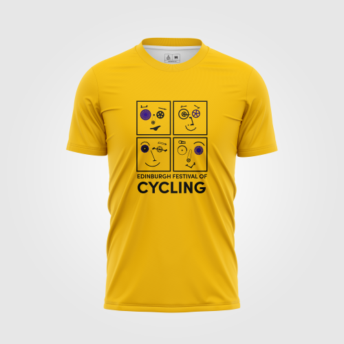 Yellow T-shirt with Edinburgh Festival of Cycling logo on the front